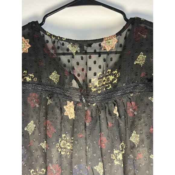 Lucky Brand Peasant Blouse Size L Black Sheer Floral Bell Sleeve Swiss Dot - Picture 3 of 6
